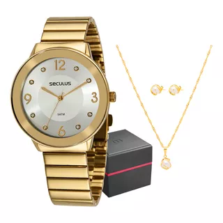Kit Relógio Seculus Feminino Luxo Golden + Colar E Brincos
