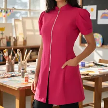 Jaleco Feminino Manga Curta Oxford Acinturado Com Zíper.