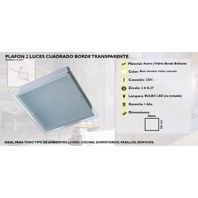 Plafon 2 Luces 30x30 Vidrio Borde Transparente Apto Led