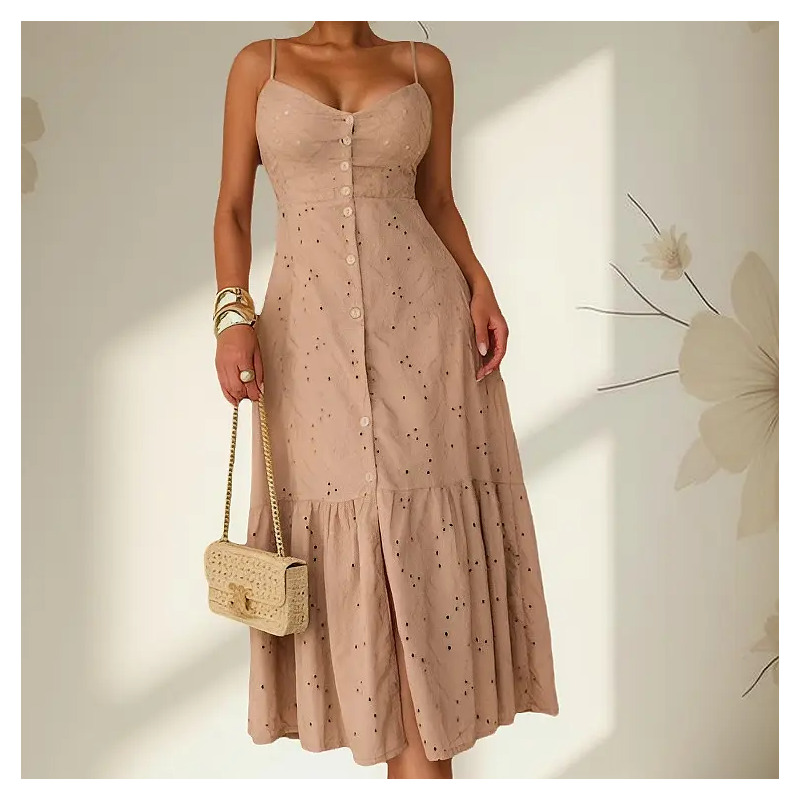 Vestido Midi De Botões Em Laise Nude Vestido Midi De Botões Em Laise Nude
