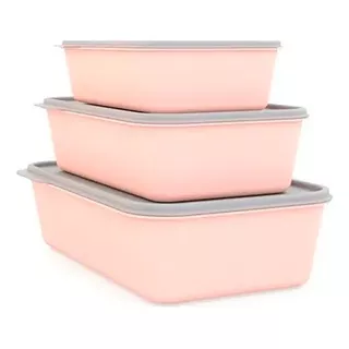 Conjunto 3 Potes Para Alimentos Multiuso Com Tampa Diamond Cor Rosa