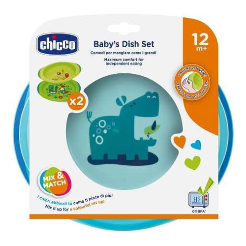 Kit de plato plano y base azules Chicco Boy 160022 con personaje de hipopótamo para niños, más de 12 m
