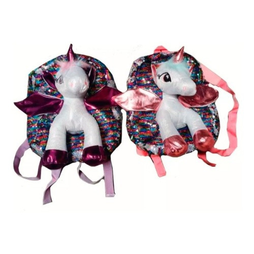 Mochila Infantil Con Peluche Unicornio Alas Brillantes Color Violeta y rosado Diseño de la tela Rayado