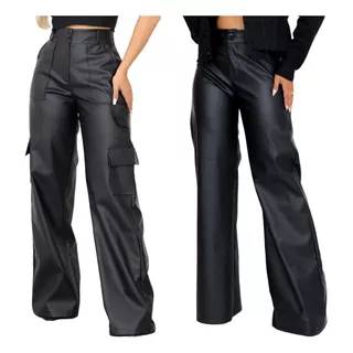 Kit 2 Calça Pantalona Wide Leg Cargo Couro Reta Courino Luxo