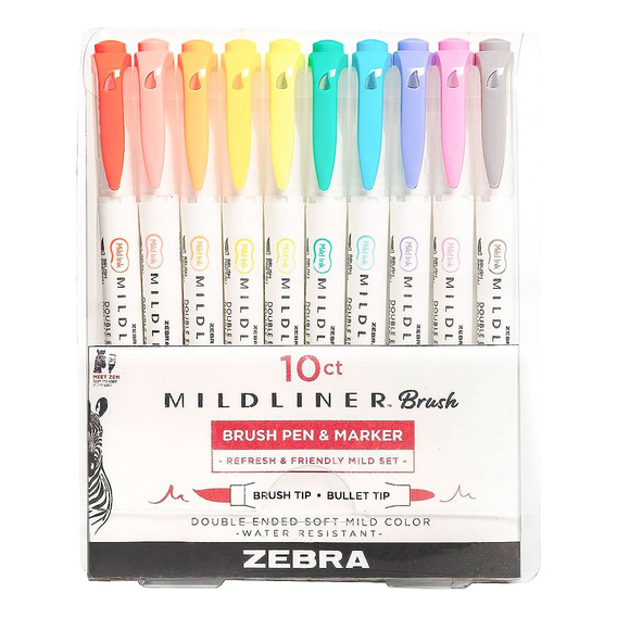 Marcadores Mildliner Brush Pen Colores Suaves Zebra 10 Pzs