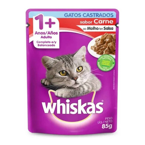 Alimento Whiskas Premium Castrados 1+ para gato adulto sabor carne en sobre de 85g