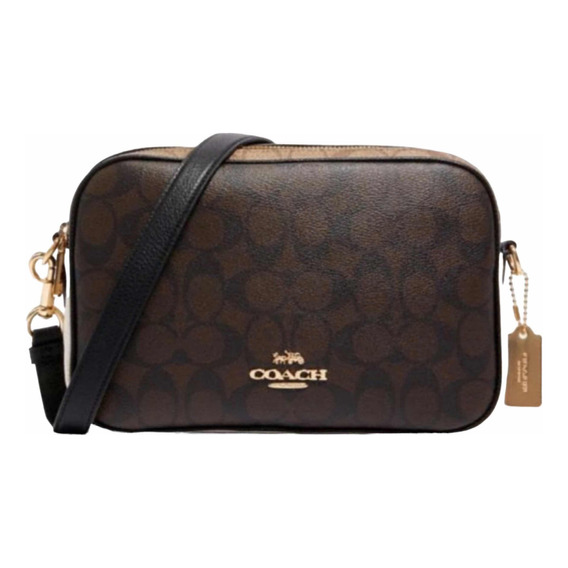 Bolsa Coach Jes Crossbody C1767 Imnox Acabado de los herrajes Oro Color Marrón oscuro Color de la correa de hombro Negro Diseño de la tela Rayado