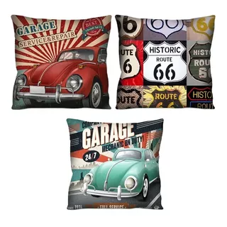 Kit 3 Capas De Almofada Vintage Carros Fusca Rota 66 42cm R2