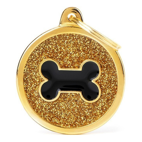 Chapita Id Mascota My Family Shine Big Circle Bone! Color Dorado Shine "Big Circle Gold Glitter Black Bone