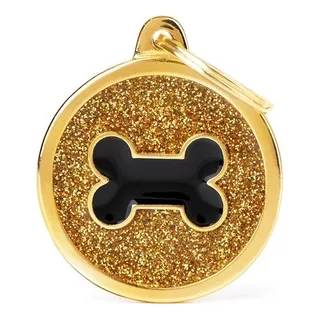 Chapita Id Mascota My Family Shine Big Circle Bone! Color Dorado Shine  Big Circle Gold Glitter Black Bone