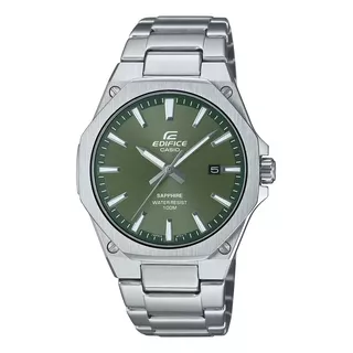 Relógio De Aço Inoxidável Casio Edifice Efr-s108d-3a Wr100 Silver Mesh Silver Mesh Silver Bezel Moss Green Background