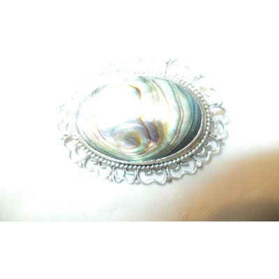 Vintage (c. 1970) Broche Plata Y Concha Abulón, Cabujón. A