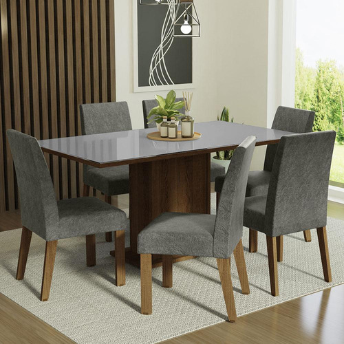 Juego Comedor Mesa Tapa Vidrio 6 Sillas Alexis Madesa Color Marron/Gris/Plata