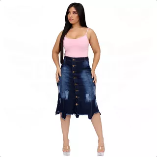 Saia Midi Jeans Destroyed Moda Evangélica Barra Desfiada 