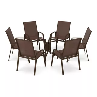Conjunto De 6 Cadeiras S/ Vidro Alumínio Marrom Tela Marrom