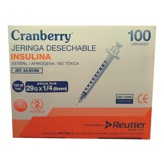 Jeringa Desechable Insulina 29g X 1/4 Cranberry 100 Unidades