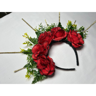 Diadema Catrina De Flores Rojas Con Picos. Hecha A Mano