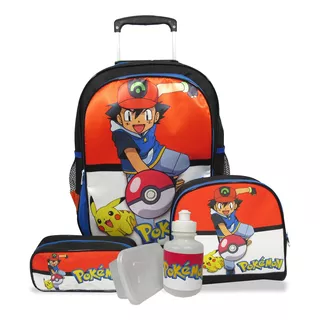 Kit Mochila Escolar Infantil Rodinhas G Pókemon F1 Cor Vermelho Desenho Do Tecido Pokémon