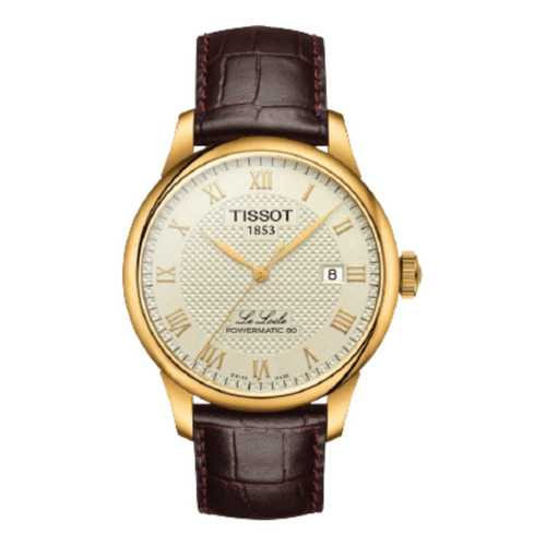 Reloj pulsera Tissot Le locle powermatic 80 con correa de cuero color marrón - fondo marfil - bisel dorado