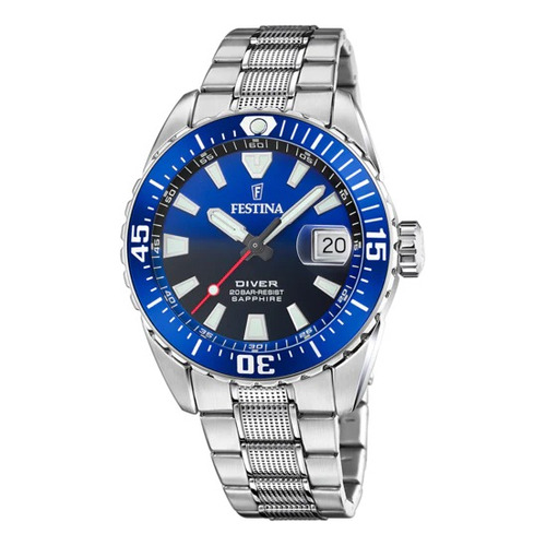 Reloj Festina Hombre Acero Diver Buceo 200m Azul F20669.1 Color De La Malla Plateado