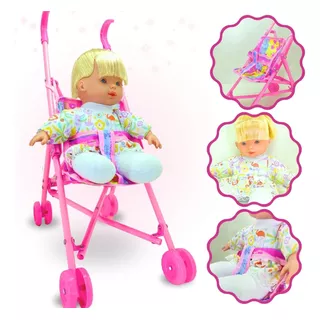 Carrinho + Boneca Brinquedo Rosa Bebe Menina Reborn Infantil