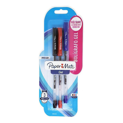 Boligrafo Gel St Papermate Fino Tarjeta/3pza Negro Azul Rojo