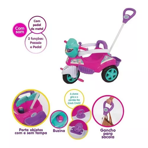 Triciclo Infantil Menina Motoca Rosa Com Empurrador E Pedal