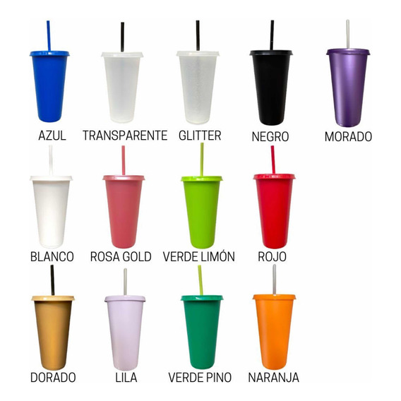 100 Vasos Reusables Con Tapa Y  Popote 24oz De Colores