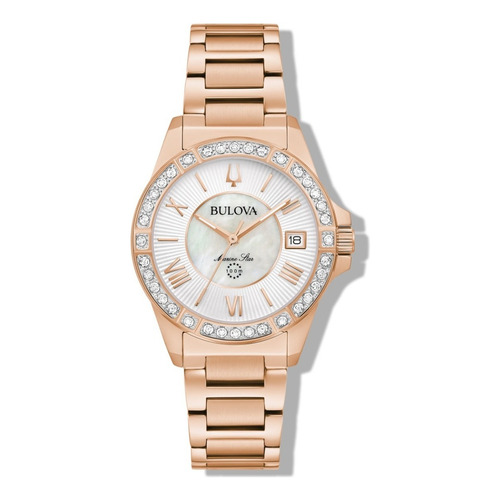 Reloj Bulova Marine Star 98r295 Para Dama Original E-watch Color de la correa Oro rosa Color del bisel Oro rosa con diamantes Color del fondo Madre Perla Blanca