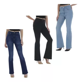 Pantalon Dama Jeans Acampanado Stretch Mom Pack X 3