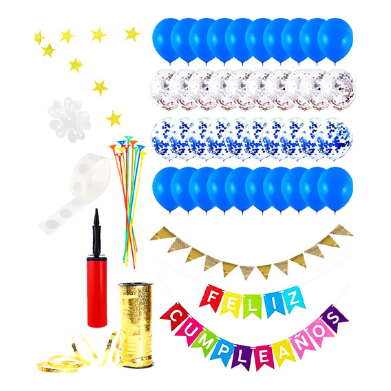 Set Globos Cumpleaños 74psc+carteles+ Hilo+ Infla N24 El Rey Color Azul