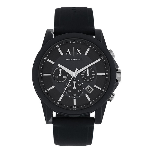 Reloj pulsera Armani Exchange AX1326 de cuerpo color negro, analógica, para hombre, fondo negro y gris, con correa de silicona color negro, agujas color blanco, dial blanco, subesferas color negro, minutero/segundero blanco, bisel color negro y hebilla simple