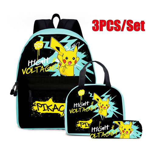 Conjunto De Mochila #3pcs Pikachu-plaid Para Adolescentes 