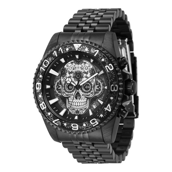 Reloj pulsera Invicta Pro Diver 43753 de cuerpo color negro, analógico, para hombre, fondo gris y plata y negro, con correa de acero inoxidable color negro, agujas color blanco y negro, dial blanco y 