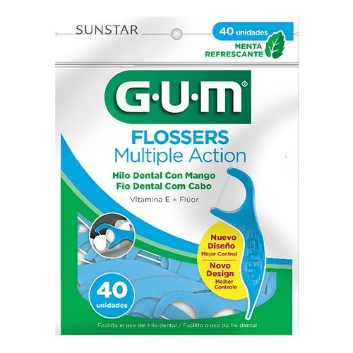Flosser dental GUM con aplicador Multiple Action Vitamina E + Flúor sabor menta refrescante 40 u
