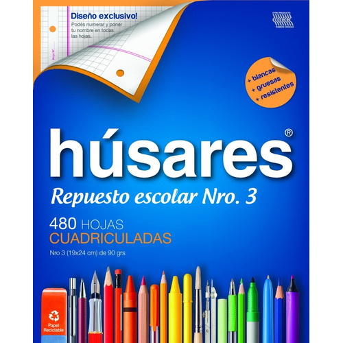 Repuesto Husares Escolar Nº3 Cuadriculado 480 Hojas