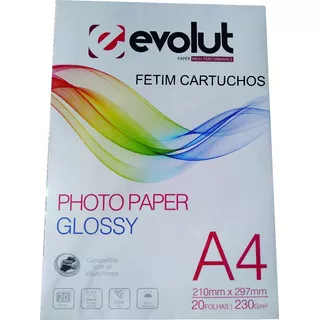 Papel Fotográfico Tamanho A4 Glossy 180g Brilho Brilhante Premium Pacote 20 Folhas Prova D'água - Evolut