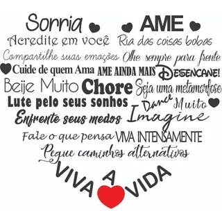 Adesivo Parede Frases Motivação Coração Sorria Ame 75x65cm Cor Preto