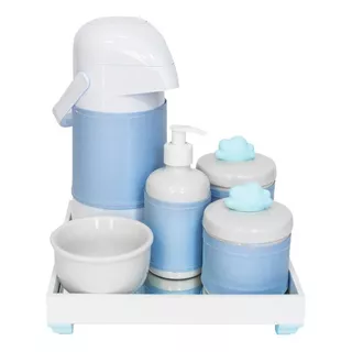 Kit Higiene Bandeja Porcelana Garrafa Bebê Urso Ursinho Azul Cor Nuvem