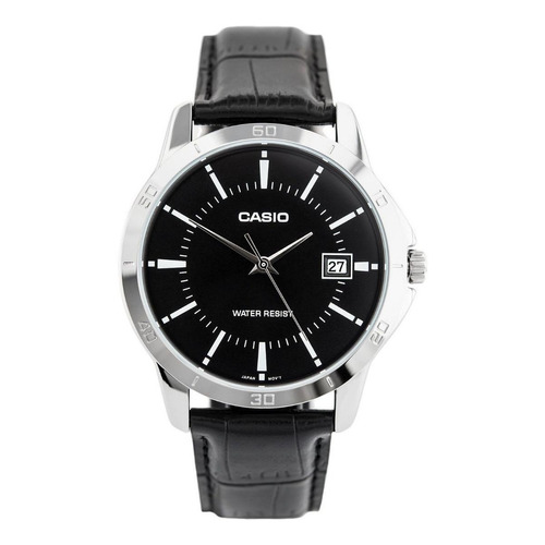 Reloj pulsera Casio MTP-V004 con correa de cuero color negro - bisel plata