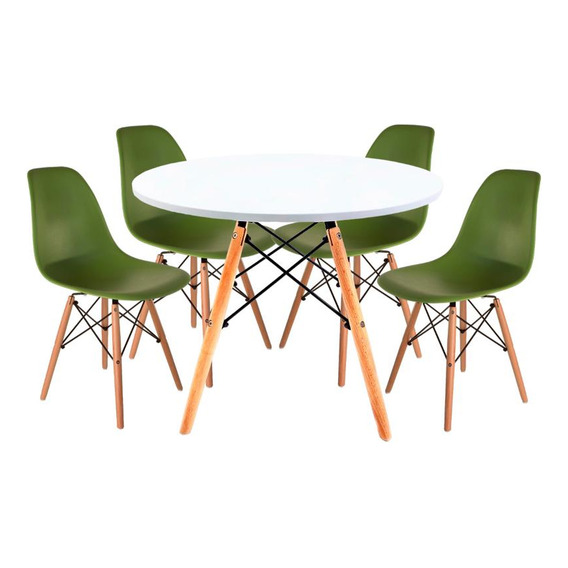 Juego Comedor Eames Mesa Redonda 80cm + 4 Sillas Eames Color Verde Diseño de la tela de las sillas Liso