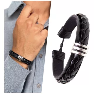 Pulseira Couro Masculina Unissex Preto Ajustável Homem 