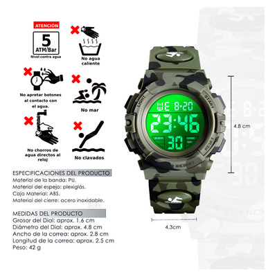 Reloj Niños Deportivo Led Contra Agua Camuflaje Militar Nado Color De La Correa Verde Oscuro