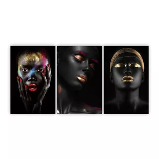 Quadros Decorativos Mulhere Negras Maquiagem Dourada 180x60