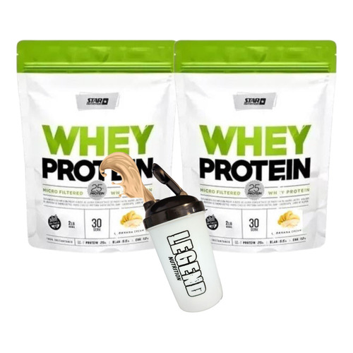 Star Nutrition Whey Protein Proteínas Sabor Banana De 908g Pack X2 + Shaker Legend 600 Ml 