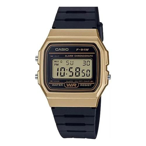 Reloj pulsera Casio Collection F-91WG-9QDF-SC de cuerpo color dorado, digital, para hombre, fondo dorado, con correa de resina color negro, dial negro, minutero/segundero negro, bisel color negro y hebilla simple