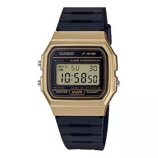 Reloj Pulsera Casio Collection F-91wg-9qdf-sc De Cuerpo Color Dorado, Digital, Para Hombre, Fondo Dorado, Con Correa De Resina Color Negro, Dial Negro, Minutero/segundero Negro, Bisel Color Negro Y He