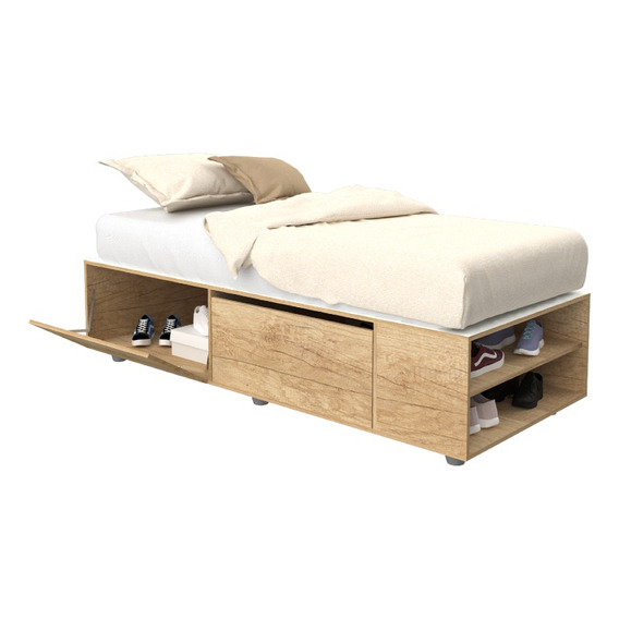 Cama Box Base P/ Sommier De 1 Plaza Con 2 Puertas Y Estantes Color Roble Nebraska Natural