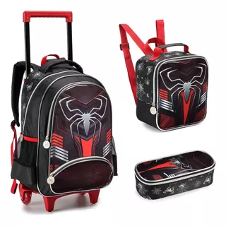 Conjunto 3 Peça Mochila Rodinhas Menino Dark Spider - Denlex Cor Preto