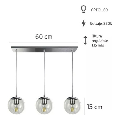 Colgante 3 Luces Globo 15cm Deco Moderno Transparente P/ Led